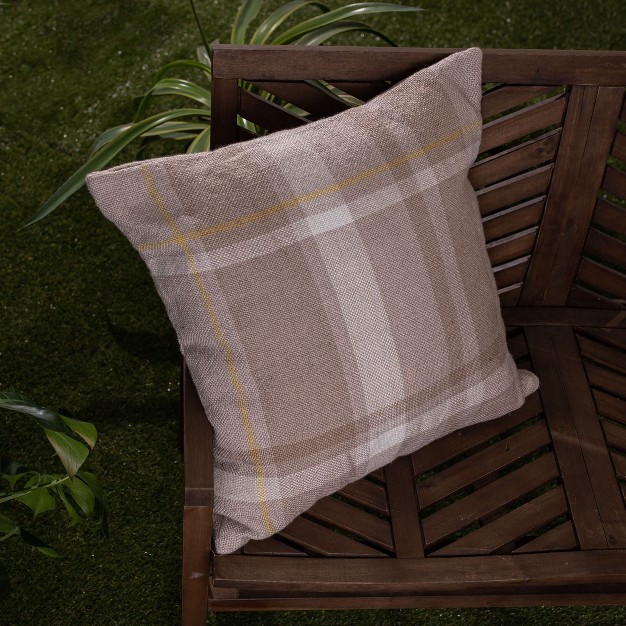 Taupe With Yellow Plaid 24x24 Hand Woven Filled Outdoor Pillow Foreside Home amp Garden