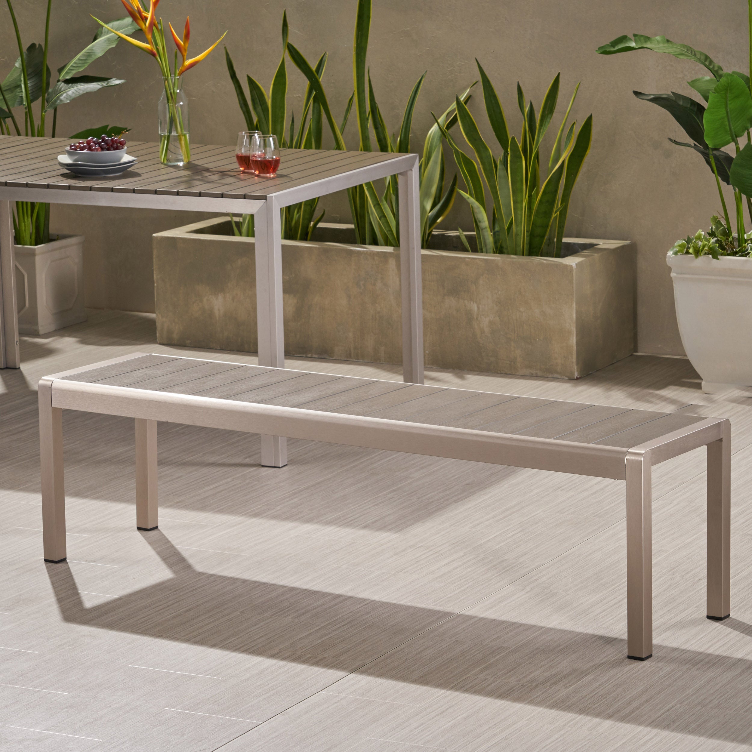 Cherie Outdoor Modern Aluminum Dining Bench with Faux Wood Seat