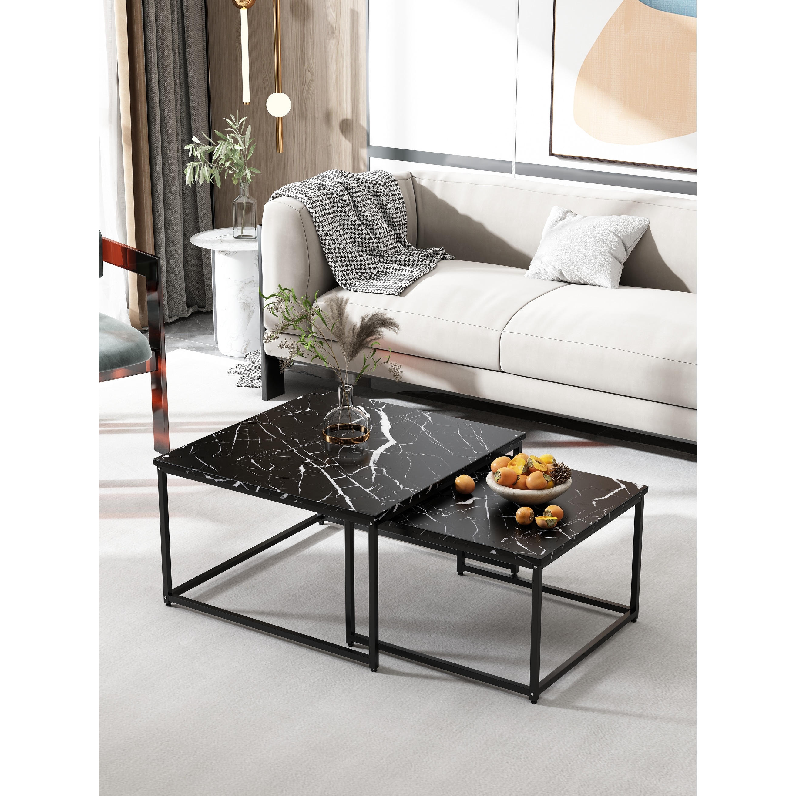 31.5 in. Black Standard Square Marble Coffee Table with 2-Tier Tabletop