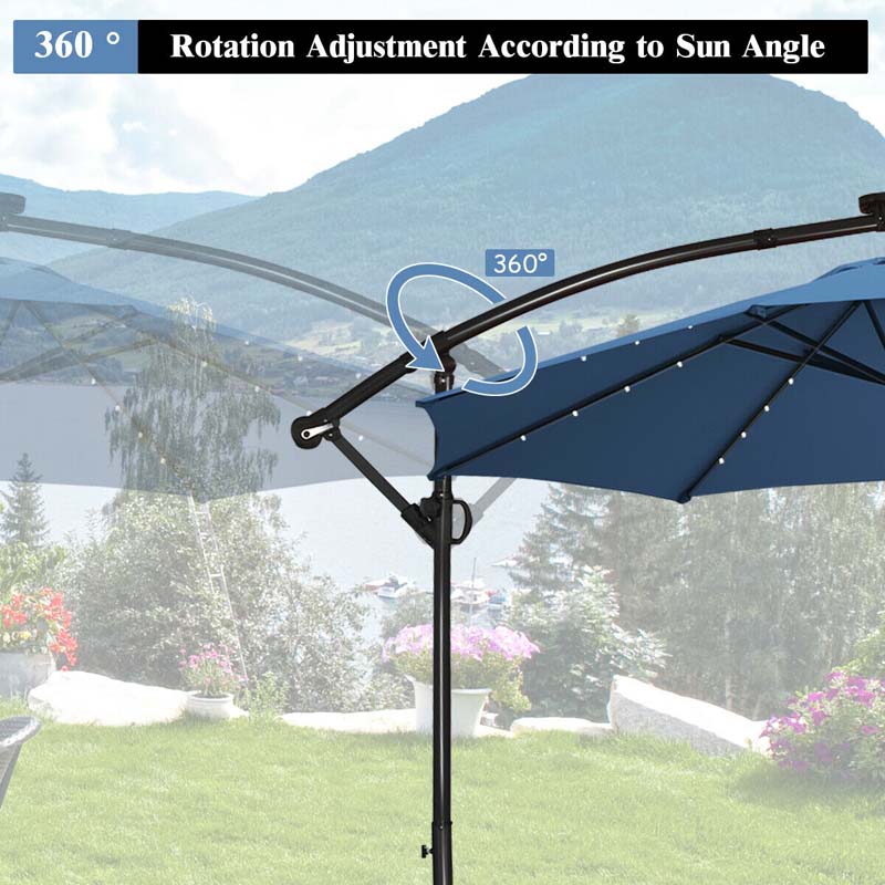 10 FT Patio Offset Umbrella with Solar Lights 360° Rotation Outdoor Market Umbrella with Crank Handle & Cross Base