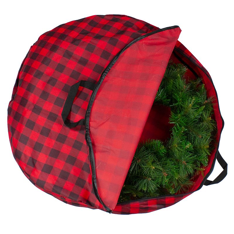 30 Heavy Duty Red and Black Plaid Christmas Wreath Storage Bag with Handles