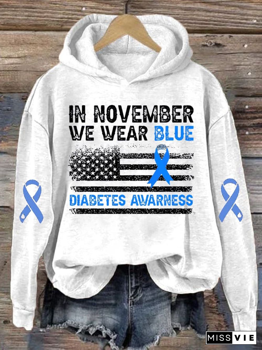 Women's In November We Wear Blue Diabetes Awareness Print Hoodie Long Sleeve Sweatshirt