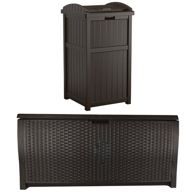 Suncast Trash Hideaway Outdoor Garbage Bin amp 99 Gallon Deck Box W Seat Java