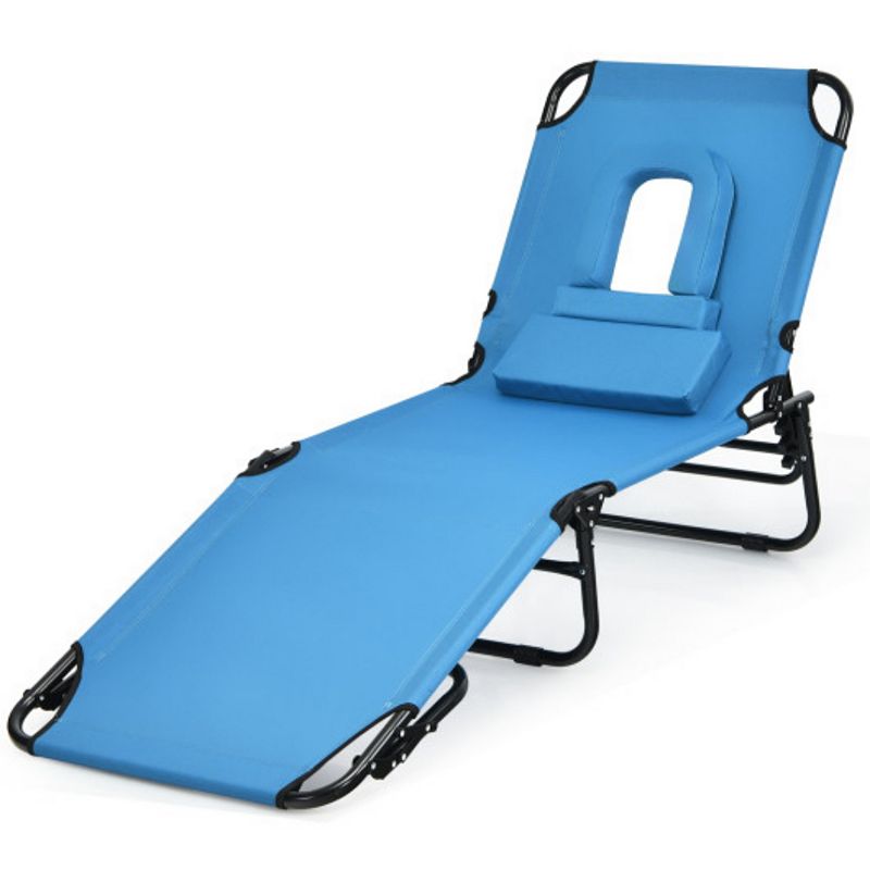 Outdoor Folding Chaise Beach Pool Patio Lounge Chair Bed with Adjustable Back and Hole