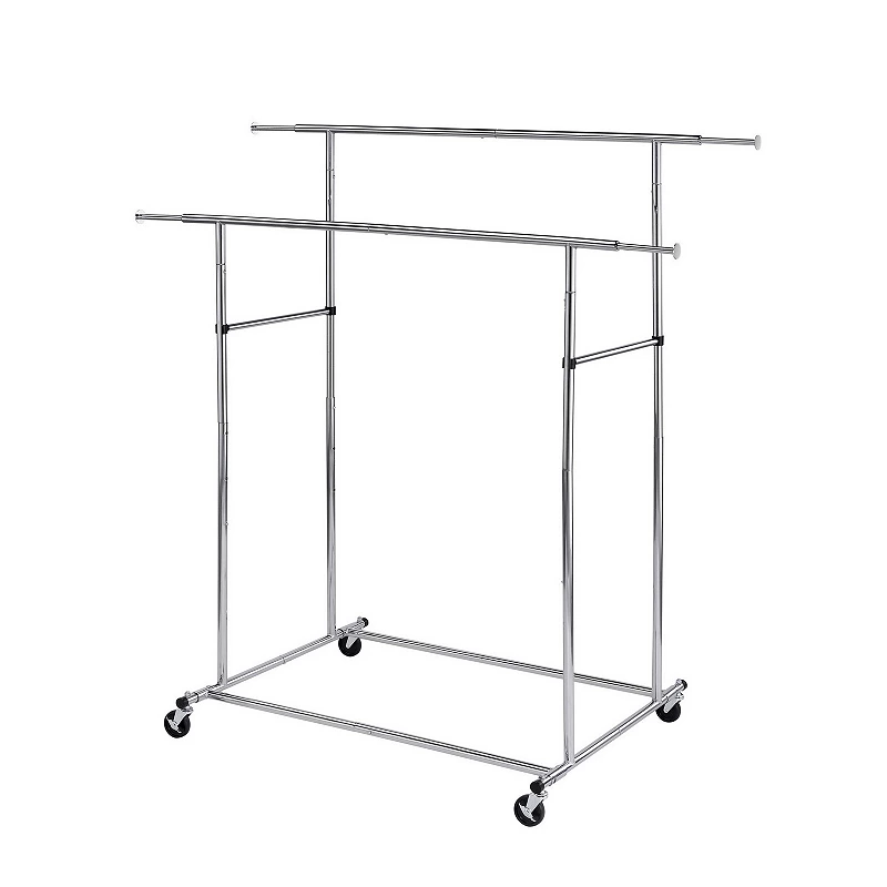 Dual Bar Tubular Metal Frame Garment Rack with Casters， Chrome