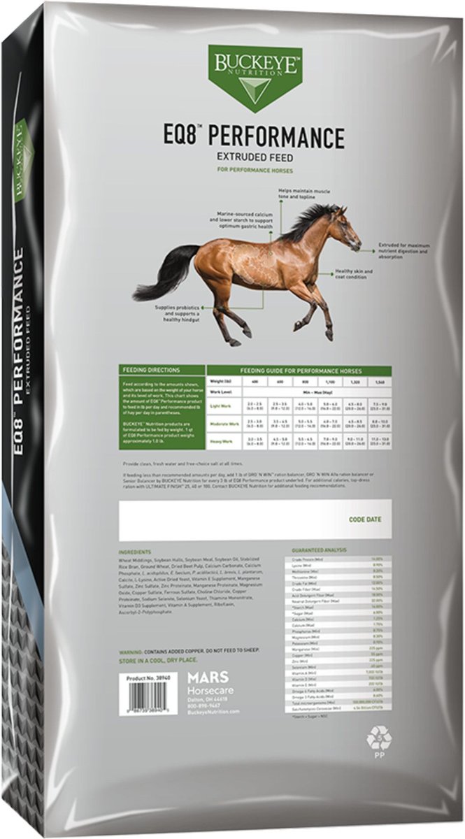 Buckeye Nutrition EQ8 Performance Gut Health Horse Feed， 40-lb bag