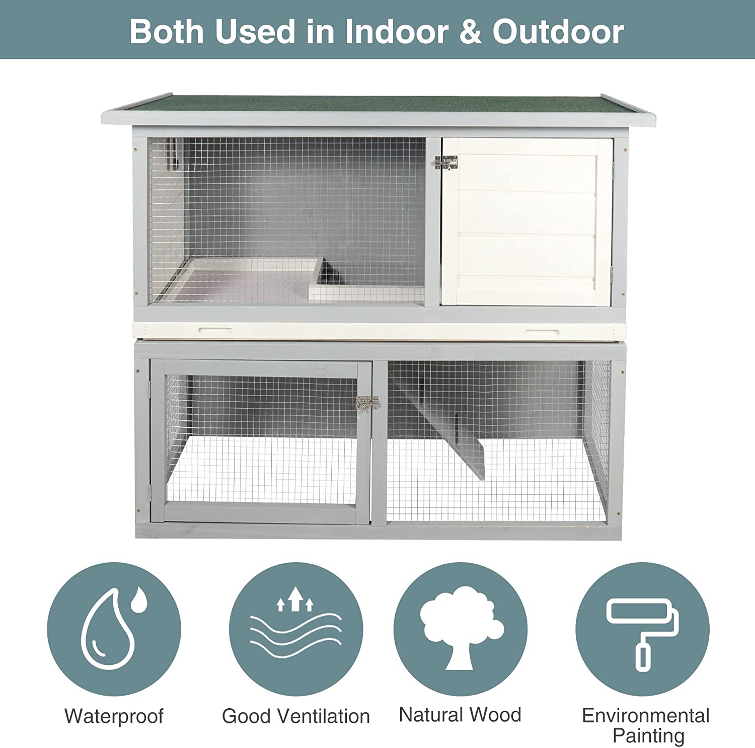 Lineslife Large Rabbit Hutch Without Wire Bottom for Outdoor， 48'' Weatherproof 2 Story Bunny Cage for 2~4 Rabbits with Pull Out Tray and Run， Grey