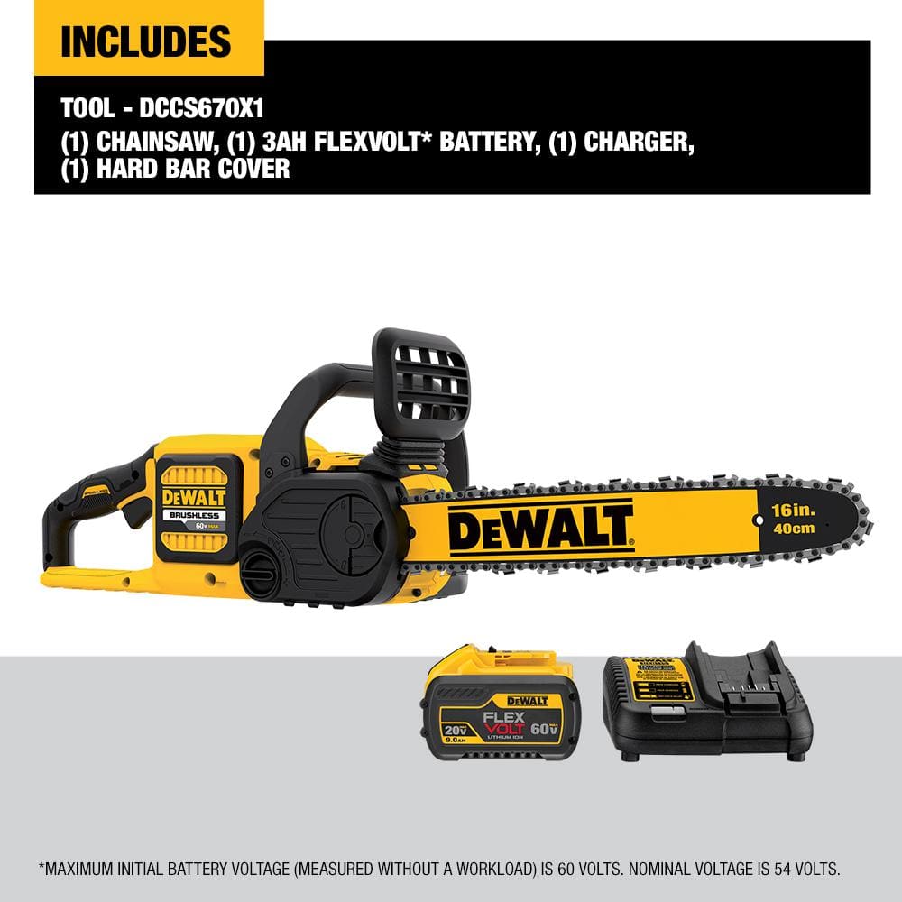 DEWALT 60V MAX 16in. Brushless Battery Powered Chainsaw Kit with (1) FLEXVOLT 3Ah Battery & Charger DCCS670X1