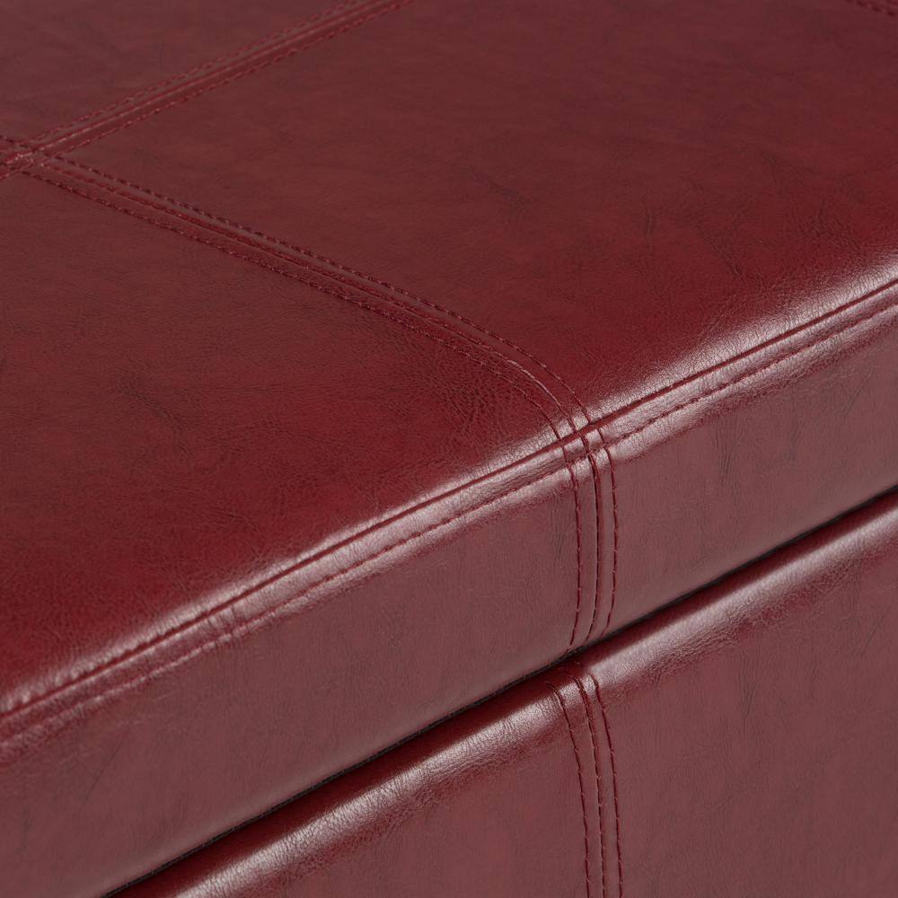 Simpli Home Kingsley 48 in. Transitional Storage Ottoman in Radicchio Red Bonded Leather 3AXCOT-240-RRD