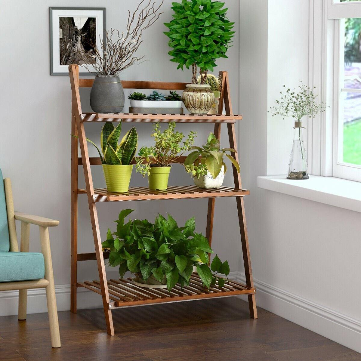 3 Tier Folding Bamboo Plant Stand Organizer Storage Shelving