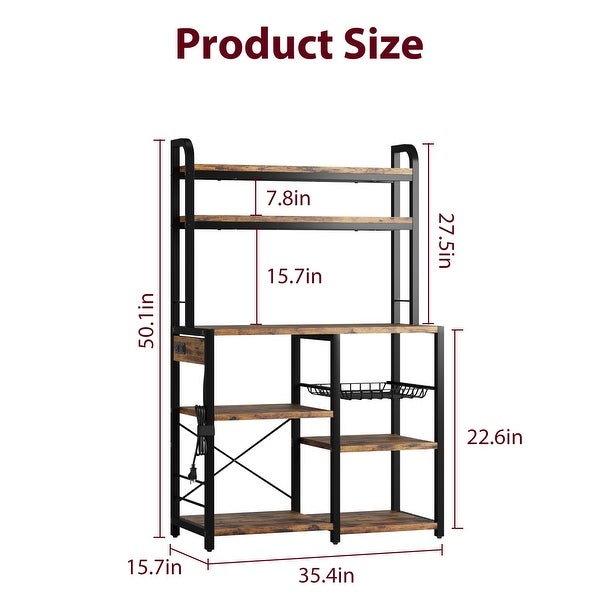 Bakers Rack with Power Outlet， Microwave Stand， Coffee Bar Table Station with Metal Wire Panel