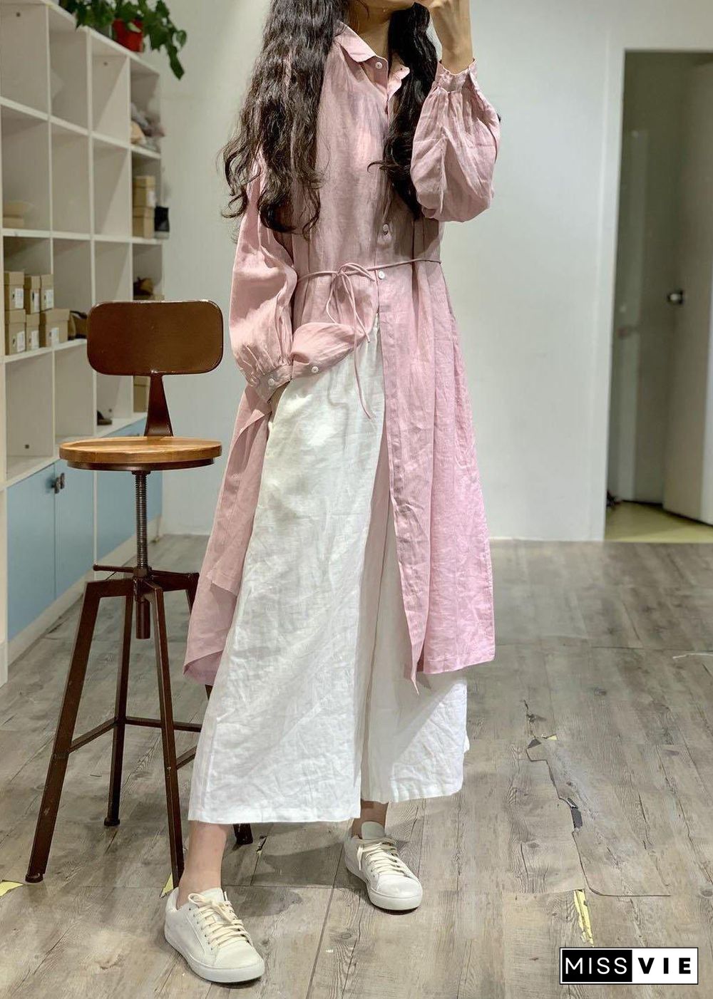 Modern pink lapel collar linen dresses long sleeve baggy fall Dress