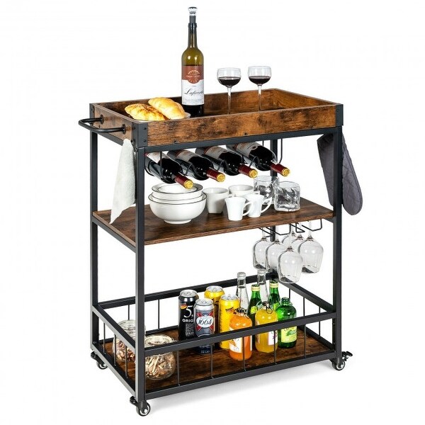 3-Tier Rolling Kitchen Bar Cart with Wine Rack-Rustic Brown - 2