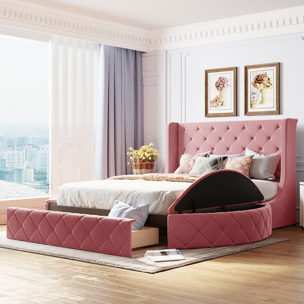 Upholstered Platform Bed Queen Size Storage Velvet Bed with Wingback Headboard and 1 Big Drawer 2 Side Storage Stool  Pink