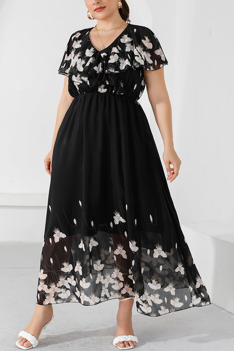 Plus Size Floral Print V Neck A Line Maxi Dresses