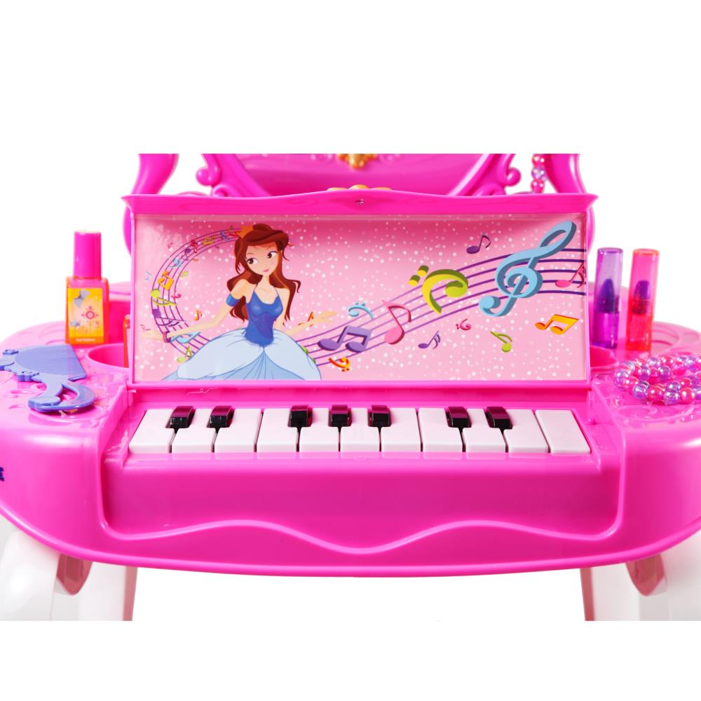 Dimple 2-in-1 Princess Pretend Play Vanity Set Table with Working Piano Beauty Set for Girls with Toy Makeup Cosmetics Accessories， Hair Dryer， Keyboard， Flashing Lights and more