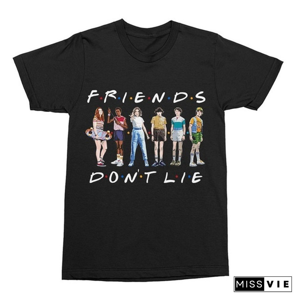 1Pcs Freind Dont Lie Six People Stand Printed T Shirt Stranger Things Letter Print Plus Size T Shirt White Short Sleeve Friends Dont Lie Printing Tees Feme Summe Tops