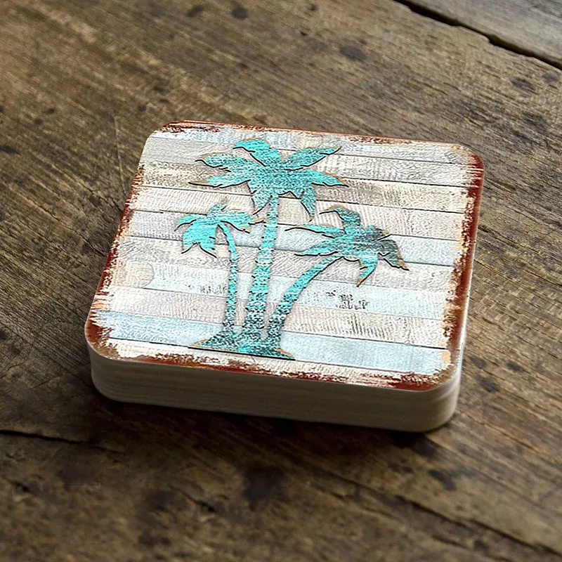 Palm Trees Coastal Wooden Cork Coasters Gift Set of 4 by Nature Wonders