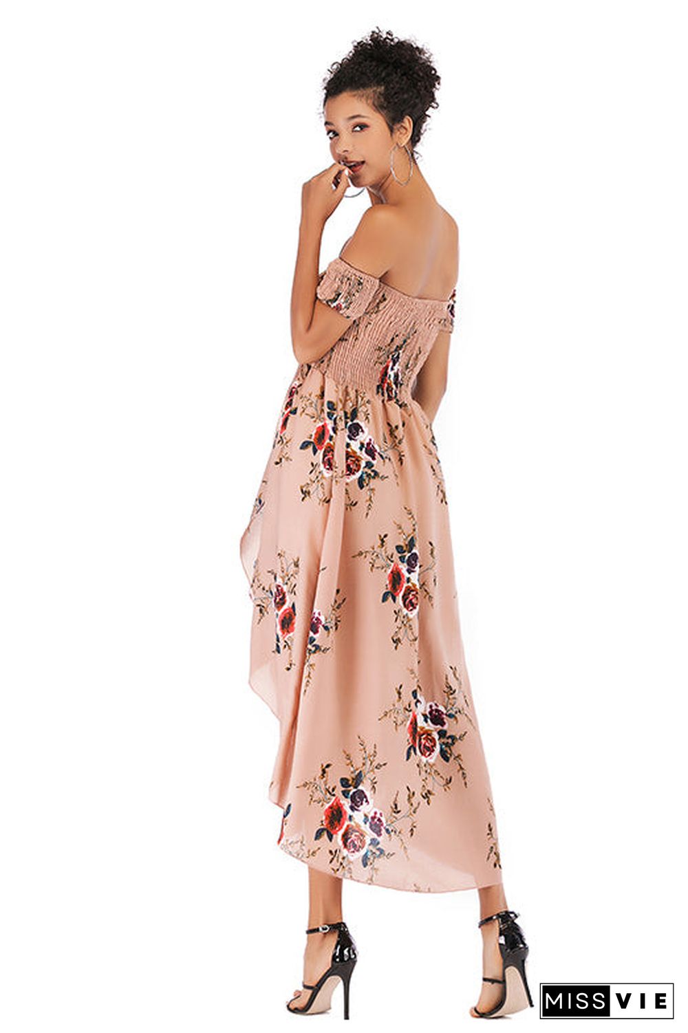 Off-the-shoulder Asymmetrical Hem Shirred Floral Dress