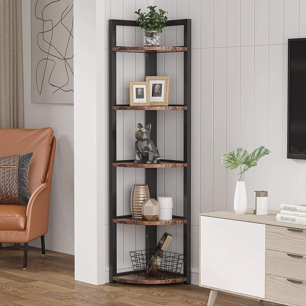 Rustic 5 Tier Corner Shelf Stand Corner Bookshelf Bookcase Plant Shelf