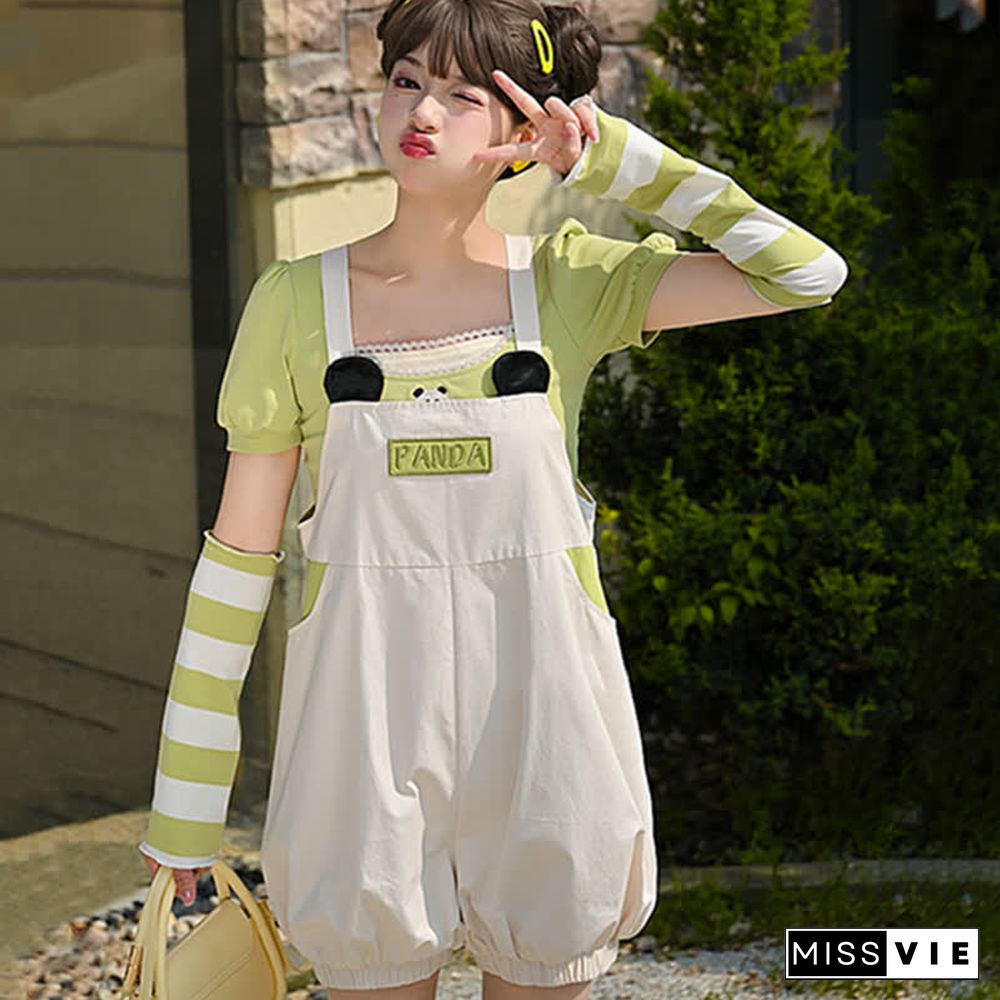 Cartoon Panda Embroidery Square Collar T-Shirt Overalls Shorts