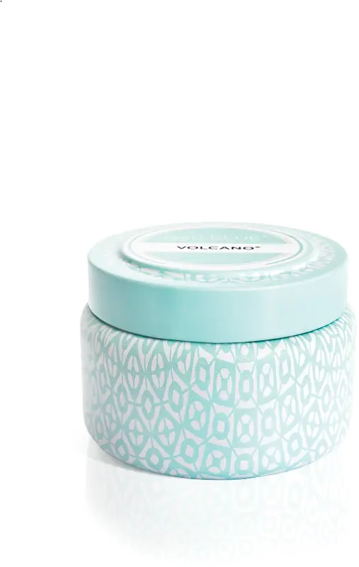 8.5 oz Volcano Signature Aqua and White Printed Travel Tin Candle