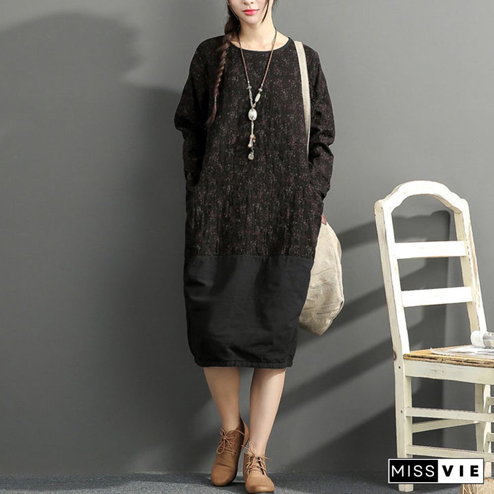 new black prints cotton dresses oversize long sleeve thick warm women dress