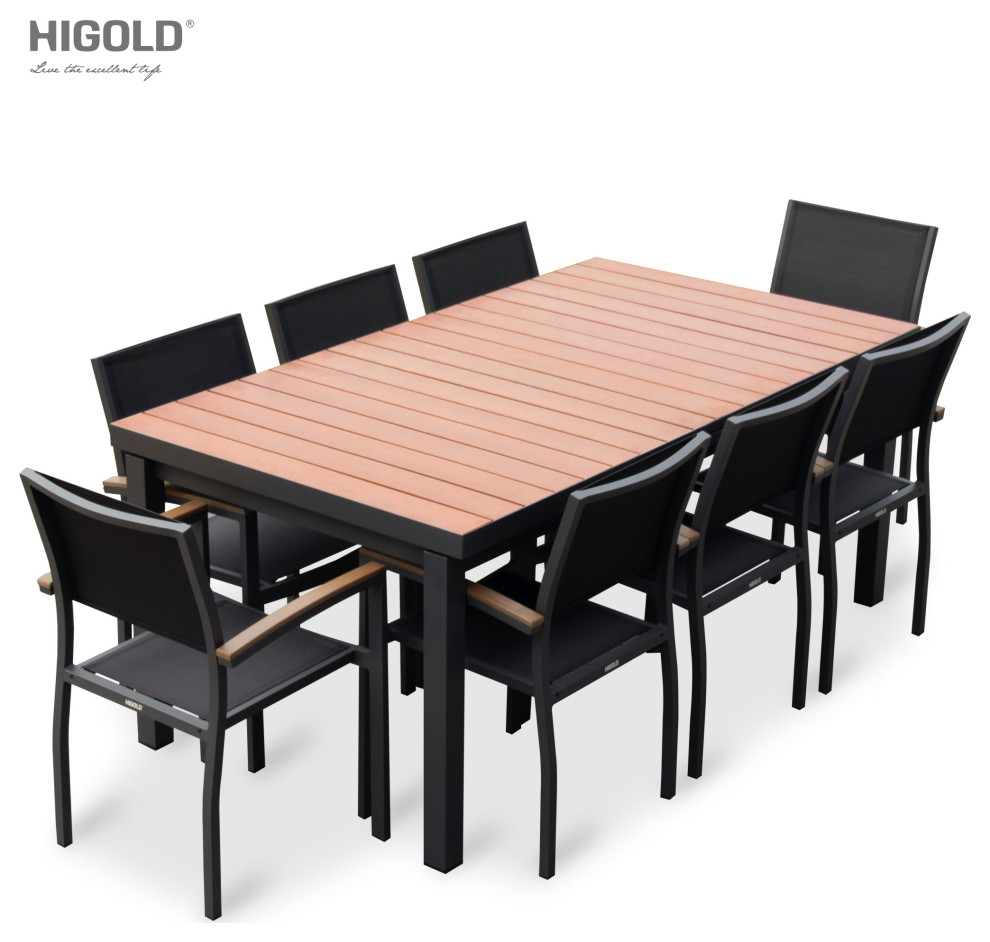 Carlo 8+1 pieces extendable Faux Wood Slats Outdoor Dining set for 8 person   Contemporary   Outdoor Lounge Sets   by HIGOLD Outdoor Furniture  Houzz