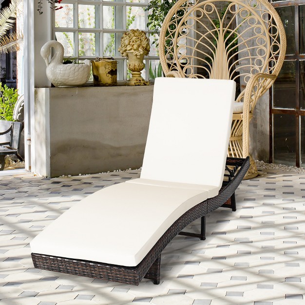 Costway Patio Rattan Folding Lounge Chair Chaise Adjustable W white turquoise Cushion