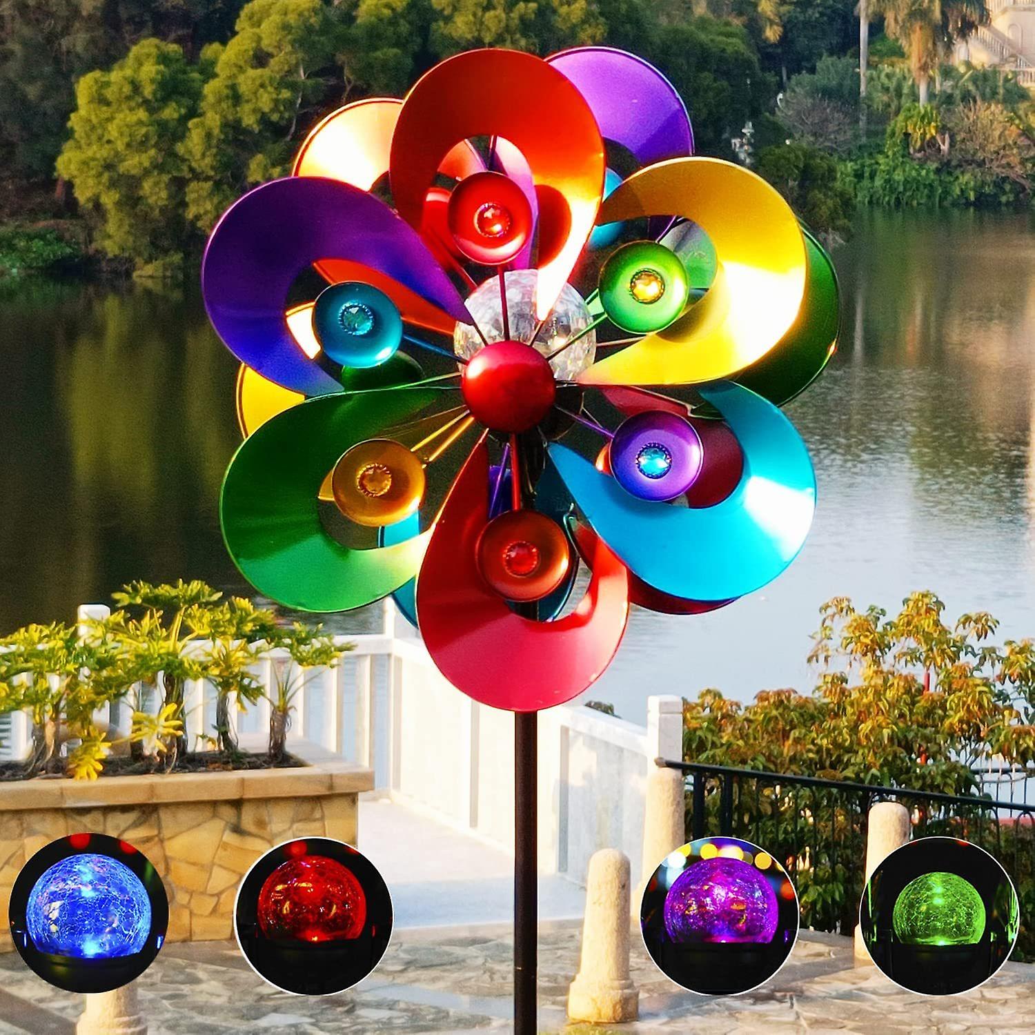 Wind Spinner Outdoor Metal Solar Power Light Colorful Metal With Gem Sculpture Kinetic Windmills Colorful Wind Catcher Glass Ball For Garden Lawn Yard