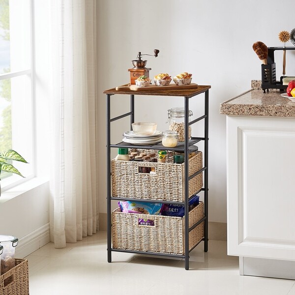 Industrial 4-Tier End Table with Mesh Shelves and 2 Wicker Storage Basket， Brown