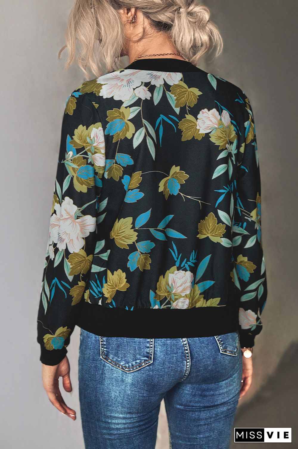 Front Open Zipper Floral Print Jackets