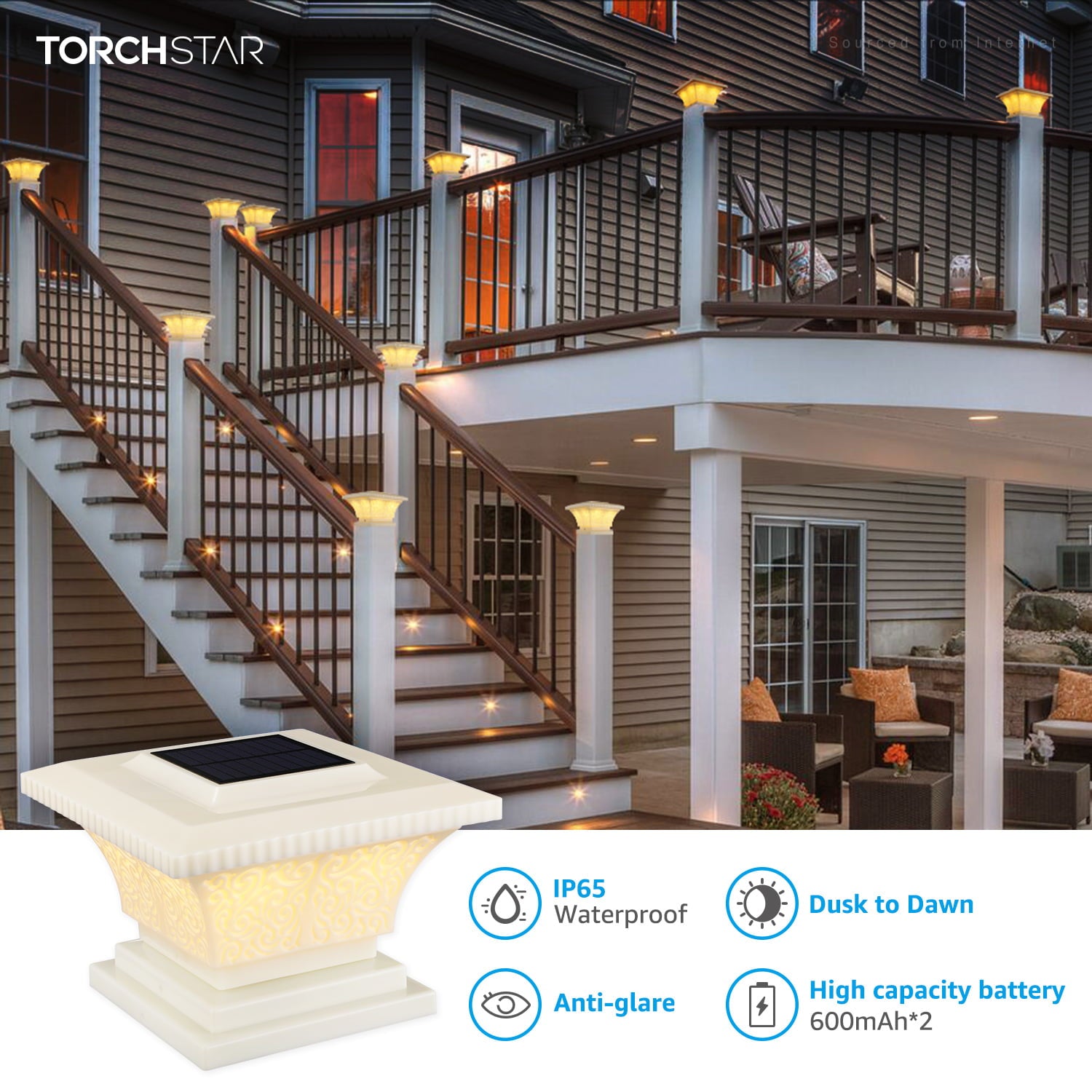 TORCHSTAR 2 Pack Solar Deck Lights Outdoor， Rustproof Solar Fence Cap Lights， 1200mA Battery， Dusk to Dawn， IP65， Fits 4x4， 5x5， 6x6 Post， Creamy White