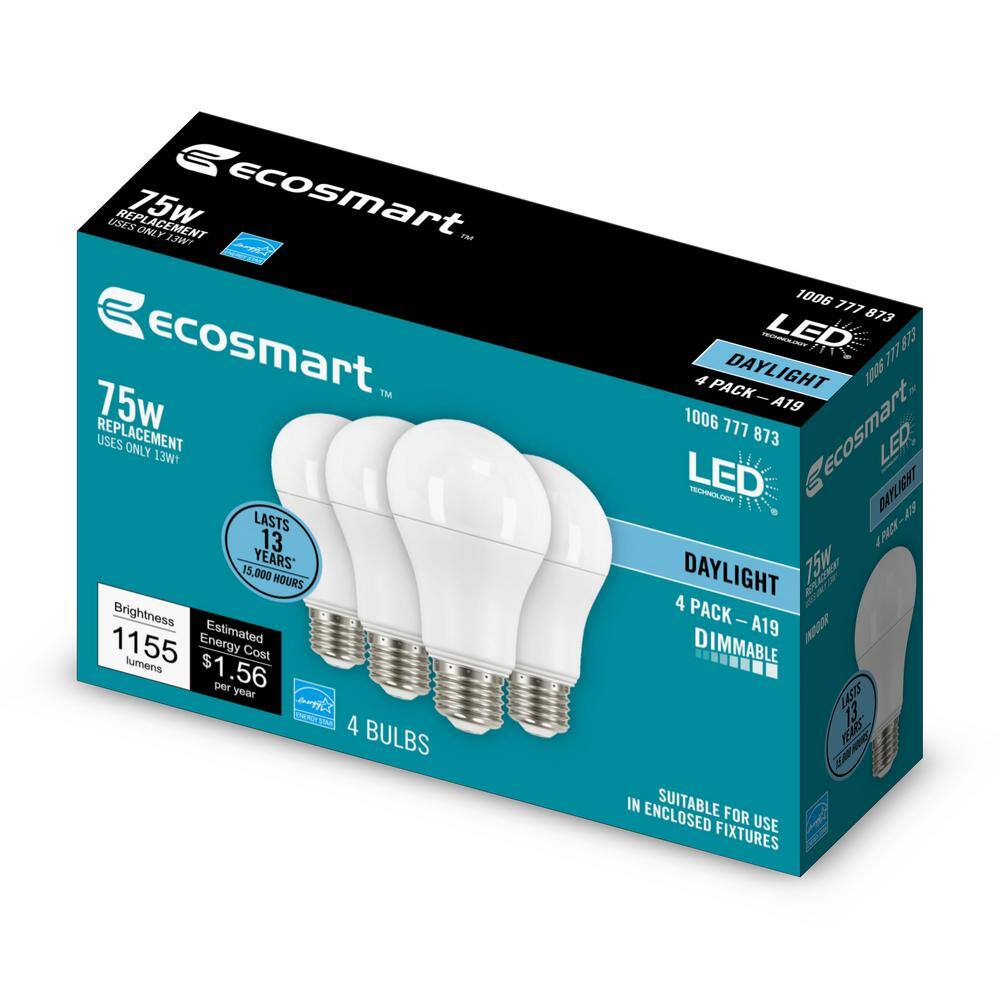 EcoSmart 75-Watt Equivalent A19 Dimmable LED Light Bulb Daylight (4-Pack) 11A19075WESD003