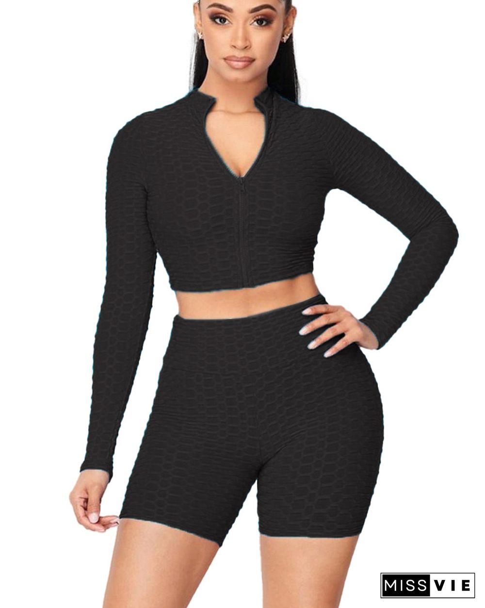 Women Solid Color Pineapple Grid Long Sleeve Zipper Crop Top Coat Slim Shorts Gym Sport 2 Piece Set