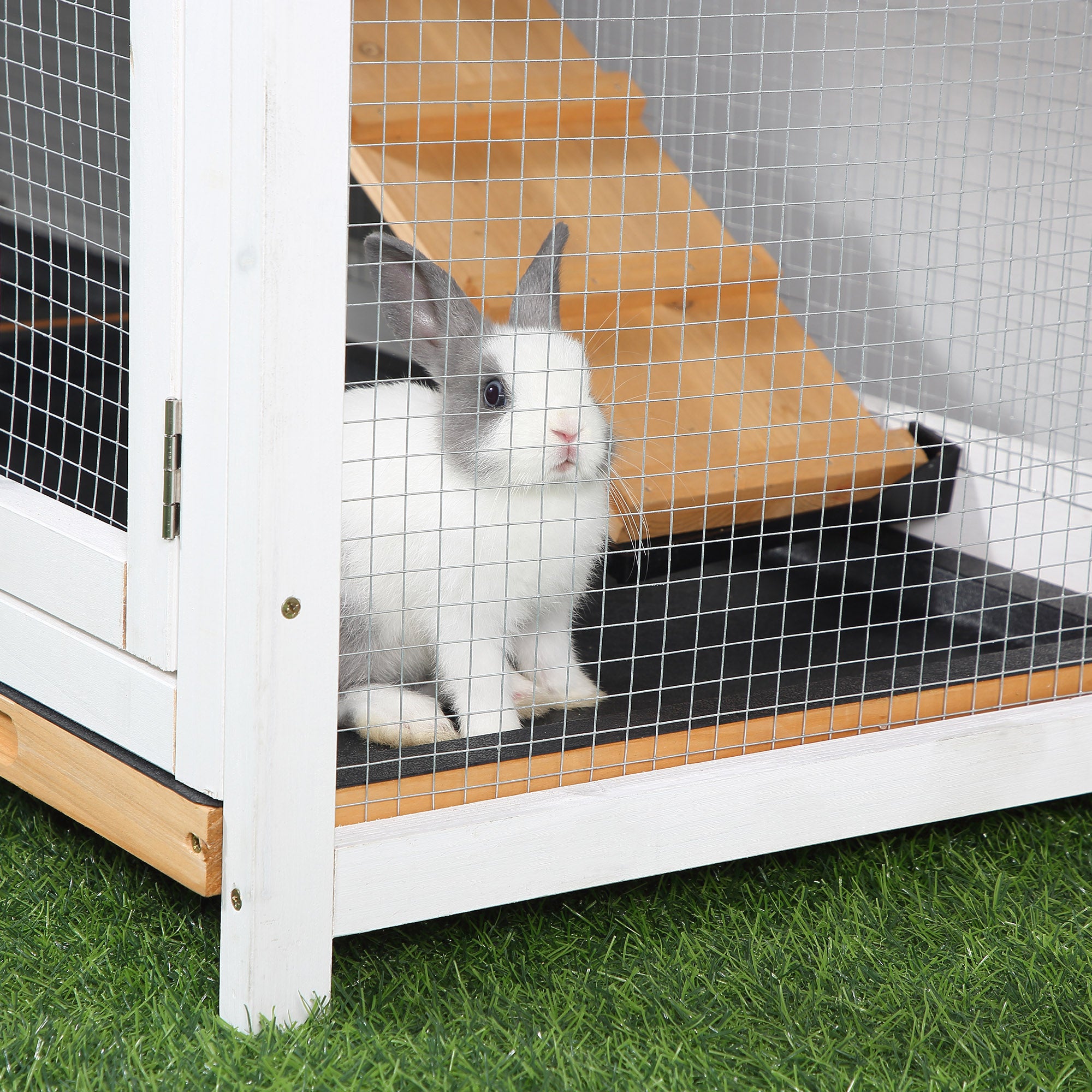 PawHut 2-tier Wood Backyard Bunny Cage Small Animal House w/RampandOutdoor Run