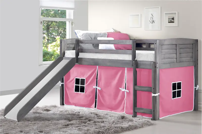 Louver Antique Gray Twin Loft Bed with Pink Tent and Slide