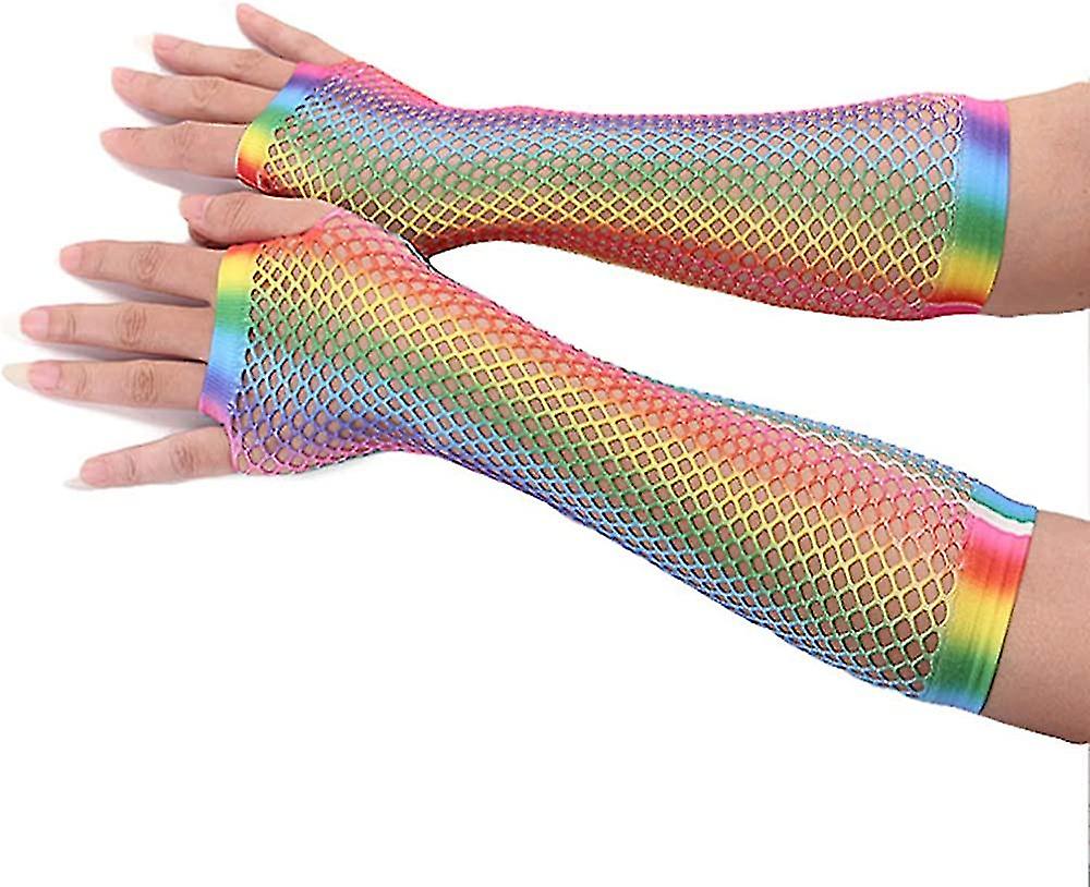 Women's Stretchy Rainbow Gradient Fingerless Fishnet Gloves Costume Party