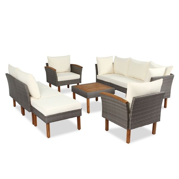 9Piece Patio Rattan Furniture Set，Outdoor Conversation Set With Acacia Wood Legs and Tabletop