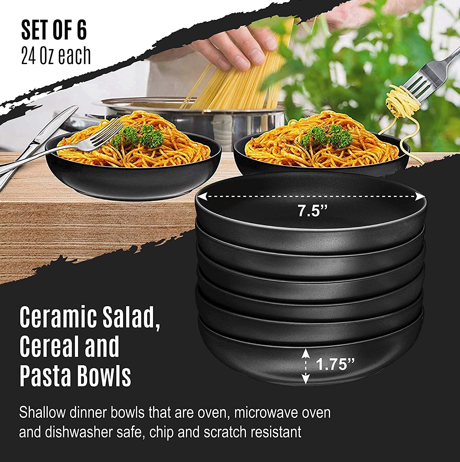 Bruntmor Ceramic Salad， Cereal And Pasta Bowls Set Of 6， Shallow Dinner Bowls That Are Oven， Microwave Oven And Dishwasher Safe， Chip And Scratch Resistant， 24 oz Each (Matte Black)