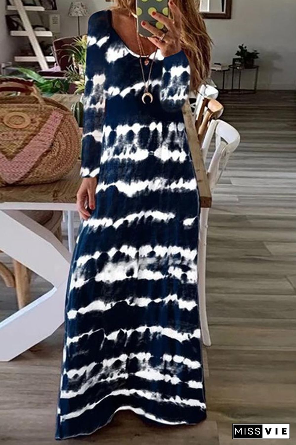 Printed Long Sleeve Striped Maxi Dress (6 Colors) P14235