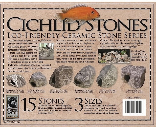 Underwater Galleries Assorted Cichlid Aquarium Stone Caves， 15 count box