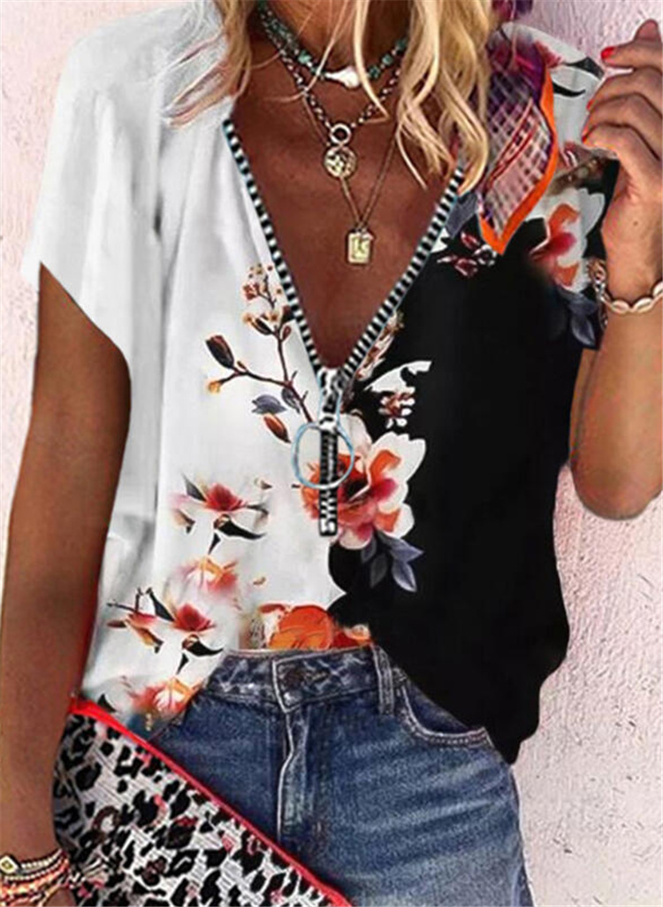 V-neck Zip-up Loose Casual Floral Print Short Sleeve Blouse