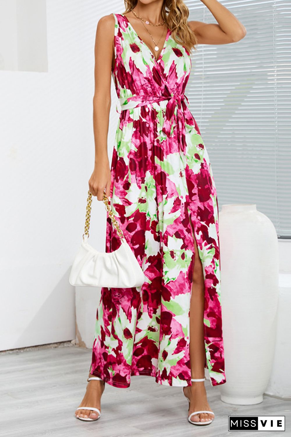 Wrap V Neck High Split Sleeveless Floral Maxi Dress