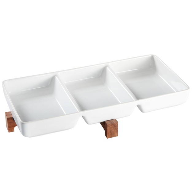 Gibson Elite Gracious Dining 2 Piece 3 section Stoneware Tidbit Dish With Acacia Wood Stand In White