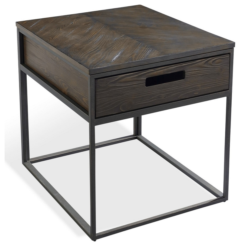 26 Inch Chevron End Table 1 Drawer Dark Brown Wood Box Frame Metal Base   Side Tables And End Tables   by Dot  ampBo  Houzz