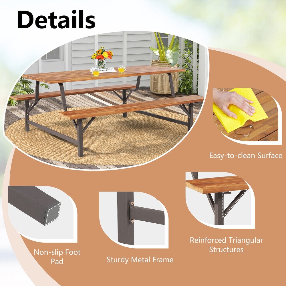 6 Person Outdoor Picnic Table and Bench Set with 2 Inch Umbrella Hole   71\