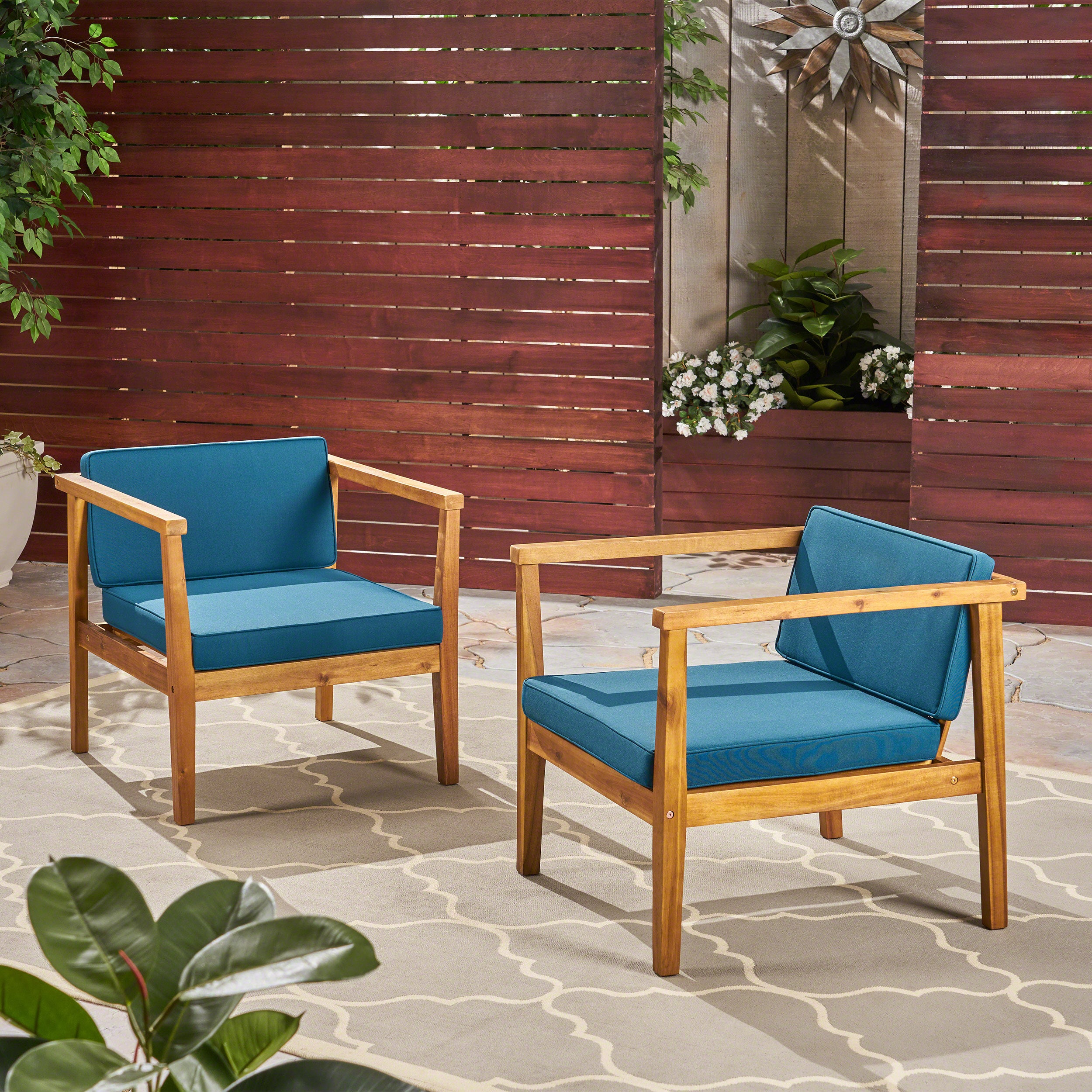 Thomson Outdoor Acacia Wood Club Chairs with Water-Resistant Cushions (Set of 2)