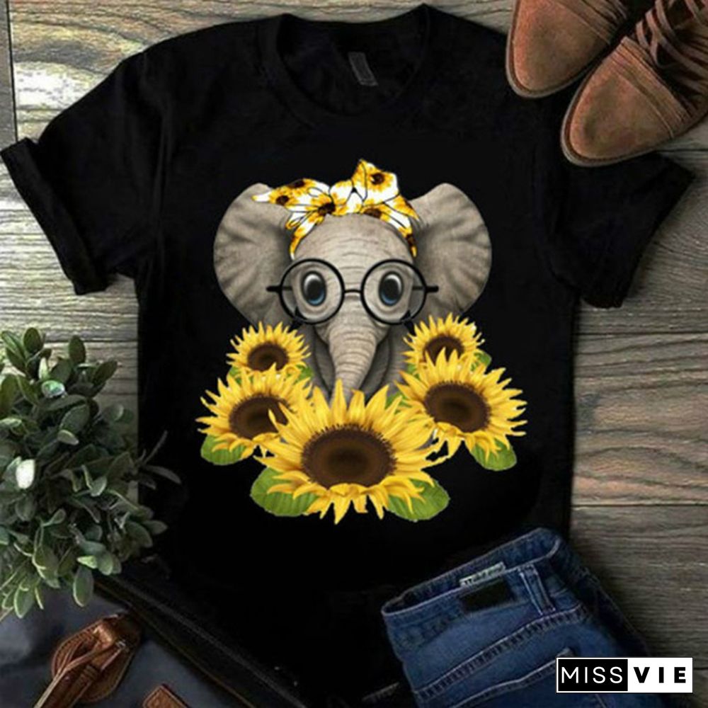 New Sunflower Elephant Print Short-sleeved Ladies T-shirt, Ladies Fashion Casual T-shirt.