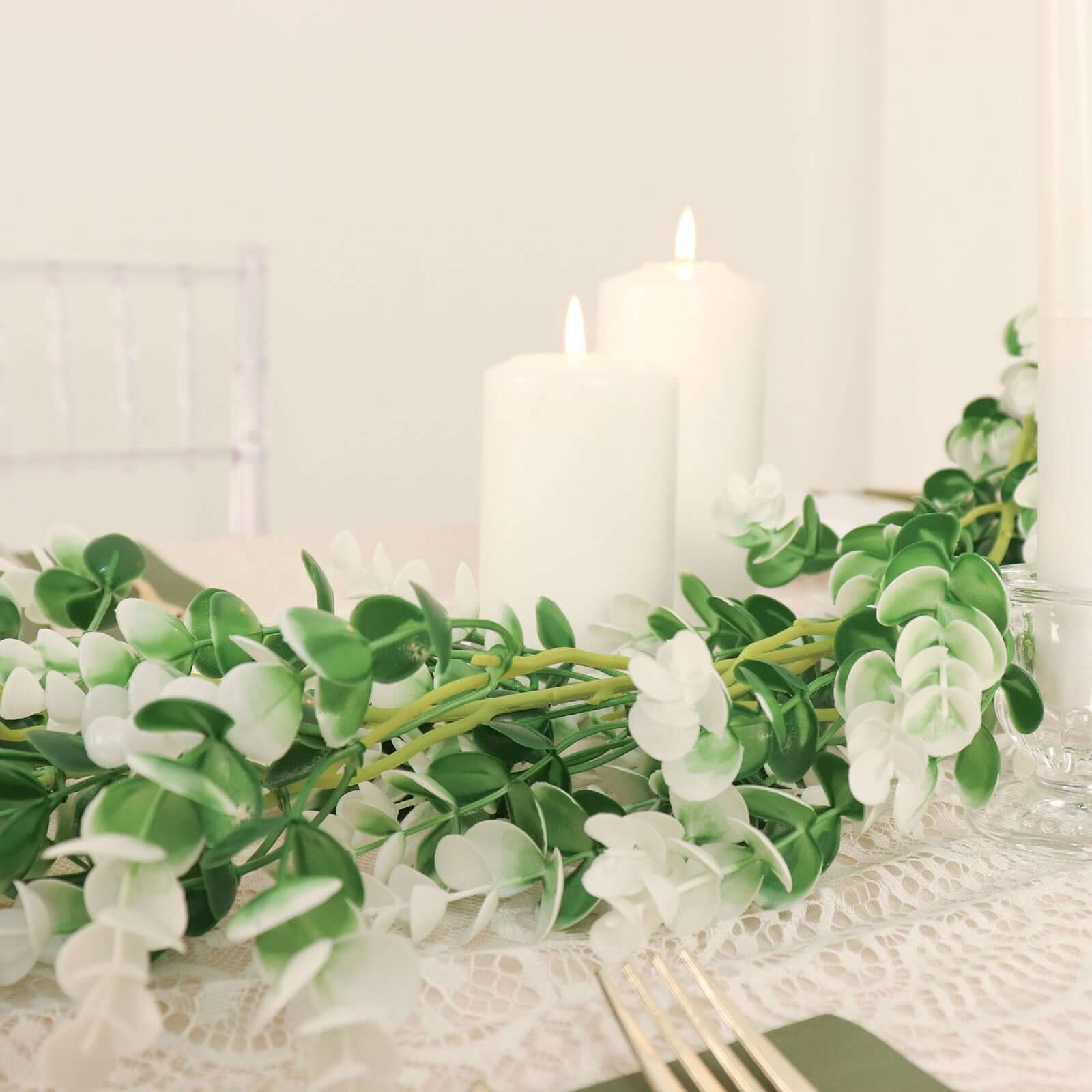 White / Green Artificial Eucalyptus Leaf Table Garland, Real Touch Hanging Greenery Vine 6ft